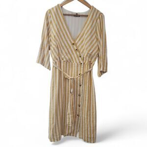 Lily Black NWT Mustard Stripe Midi Dress Linen Blend Button Front Tie Waist Sz L